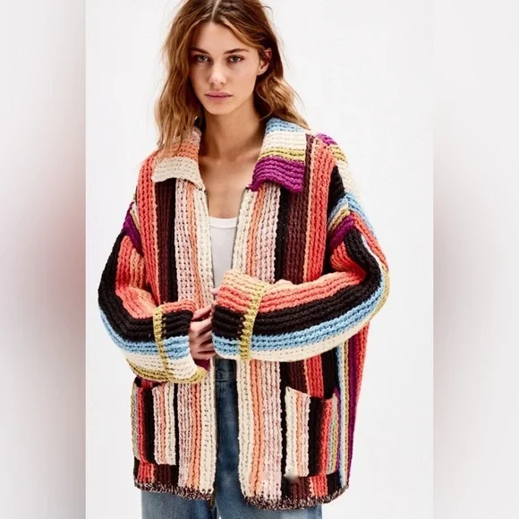 Free Peoplle Everything Cardi Sweater Heavy Weight Striped Zipper Pockets - Picture 2 of 8